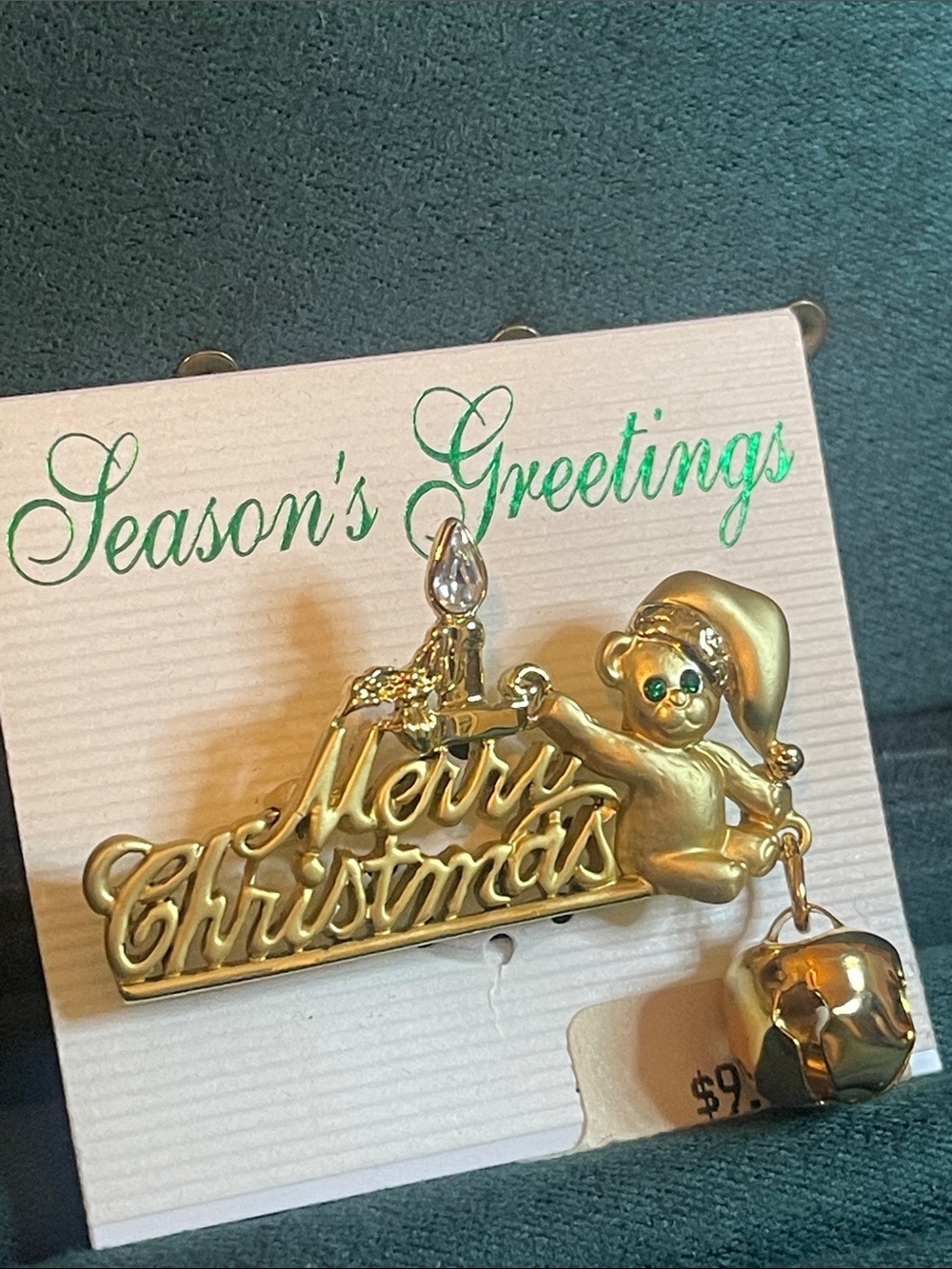 Vintage Danecraft “Merry Christmas” Gold-Tone Rhinestone Teddy Bear Bell Brooch - Picture 3 of 6
